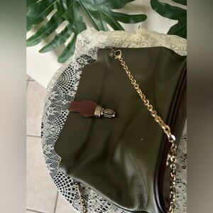 Olive Green Leather Shoulder Bag with Gold Chain